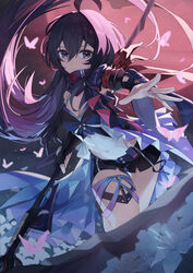  :| absurdres ahoge animal armband black_shorts breasts bug butterfly closed_mouth expressionless female gloves hair_between_eyes highres holding holding_scythe honkai:_star_rail honkai_(series) jaihu long_hair looking_at_viewer making-of_available navel open_hand red_armband scarf scythe seele_(honkai:_star_rail) shorts single_glove small_breasts upper_body weapon  rating:questionable score: user:bot