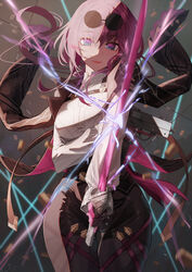  absurdres breasts coat coat_on_shoulders eyewear_on_head female gun highres holding holding_sword holding_weapon honkai:_star_rail honkai_(series) jaihu kafka_(honkai:_star_rail) katana large_breasts lightning looking_at_viewer machine_gun mature_female purple_eyes purple_hair round_eyewear smile solo sparks sword trigger_discipline upper_body weapon  rating:questionable score: user:bot