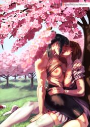 2girls areolae athletic athletic_female breasts brown_hair cherry_blossoms clothing earring female female/female female_only filthyfaize green_hair jewelry jujutsu_kaisen kiss kissing kugisaki_nobara legwear lesbian lesbian_kiss lesbians muscular_female necklace nipples no_visible_genitalia outdoors outside ponytail romantic shirt_lift sitting_on_person tagme thighhighs yuri zenin_maki rating:Explicit score:344 user:tysherose