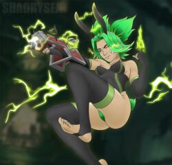 ass breasts bunny_ears bunnysuit electricity feet green_hair green_toenails league_of_legends nails shadrysea swimsuit toeless_legwear weapon yellow_hair zeri_(league_of_legends) rating:Questionable score:37 user:Shadrysea