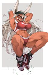 1girls animal_ears ankle_socks anklehighs arms_up ass black_socks breasts bunny_ears bunny_girl clothed clothing dark-skinned_female dark_skin female_only gloves humanoid jovejun kemonomimi miruko muscular muscular_female my_hero_academia partially_clothed rumi_usagiyama socks solo white_hair rating:Questionable score:196 user:RISE-16