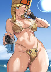 1girls ashiomi_masato beach bikini blonde_hair blue_eyes breasts female fingerless_gloves gloves guilty_gear hat looking_at_viewer millia_rage navel solo standing tagme thighs wet wink rating:Questionable score:169 user:AbsoluteTerritory