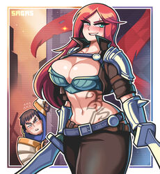 1girls bare_midriff big_breasts blush garen_crownguard huge_breasts katarina_du_couteau league_of_legends sagas tattoo thick thick_thighs thighs rating:Questionable score:77 user:Matt.Master