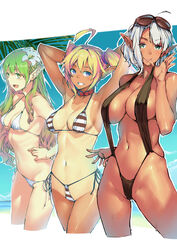 3girls absurdres ahoge armpits arms_behind_head arms_up bikini black_bikini blonde_hair breasts collar cropped_legs dark-skinned_female dark_elf dark_skin elf eyewear_on_head flower green_eyes green_hair grin hair_flower hair_ornament halter_top halterneck hand_on_hip highres large_breasts looking_at_viewer medium_breasts multiple_girls navel one-piece_tan original outline pointy_ears purple_eyes short_hair side-tie_bikini sketch slingshot_swimsuit smile strap_gap strap_pull striped striped_bikini sunglasses swimsuit tan tanline twinpoo twintails white_bikini white_hair yellow_eyes rating:Questionable score:102 user:Muzizir