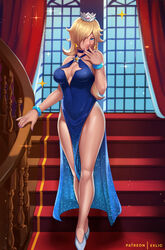 1girls big_breasts bimbo blonde_hair blue_eyes bracelet breasts cleavage crown dress earrings elegant exlic female female_only high_heels large_breasts looking_at_viewer mario_(series) nail_polish princess_rosalina purple_nails solo staircase stairs star starry_night_dress_(sarukaiwolf) super_mario_galaxy thick_thighs wide_hips rating:Questionable score:184 user:justausername