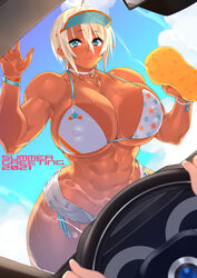 1girls 2021 abs absurd_res against_glass biceps blue_eyes breast_press breasts breasts_bigger_than_head car_wash choker cleavage dark-skinned_female dated female female_only hi_res huge_breasts looking_at_viewer muscular_arms muscular_female muscular_shoulders necklace original pov sela_(sela_god) sela_god shorts sideboob underboob white_hair rating:Questionable score:180 user:justausername