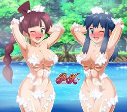 2021 2girls abs armpits artist_name bad_censor bathing bathing_together big_breasts blue_eyes blue_hair blush braided_hair breasts censored chloe_(pokemon) chloe_cerise covered_nipples covering covering_crotch dawn_(pokemon) duo female game_freak green_eyes hands_behind_head hikari_(pokemon) hourglass_figure koharu_(pokemon) large_breasts long_hair looking_at_viewer muscles muscular muscular_female nintendo one_eye_closed outdoors pk-studios pokemon pokemon_journeys sakuragi_koharu soap soap_bubbles soap_censor thick_thighs thighs wink winking_at_viewer rating:Explicit score:111 user:Bikuta69