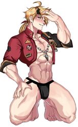 1boy 1male abs blonde_hair briefs genshin_impact genzonillablack green_eyes human jockstrap long_hair_male male male_only masculine muscular_male necklace open_shirt pecs red_shirt smooth_skinned_male softcore solo thoma_(genshin_impact) rating:Explicit score:92 user:tohmaluvr