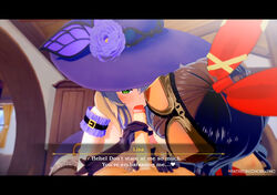 1boy 2girls 3d aether_(genshin_impact) amber_(genshin_impact) blonde_hair blowjob brown_hair chobixpho collaborative_fellatio english_text erect_penis fellatio female_focus ffm_threesome genshin_impact gloved_handjob gloves green_eyes handjob hat indoors licking licking_penis licking_tip light-skinned_female light-skinned_male light_skin lisa_(genshin_impact) male_pov multiple_girls pov teamwork text text_box threesome witch_hat rating:Explicit score:20 user:kiseijuuisuzune