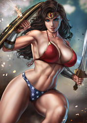 1girls abs action_pose bare_shoulders big_ass big_breasts big_butt bikini bikini_bottom bikini_top blue_eyes bra breasts brown_hair child_bearing_hips cleavage clothed clothing dandon_fuga dc dc_comics female female_focus female_only fit fit_female hips holding_weapon large_breasts muscular muscular_female navel shield smile solo solo_female solo_focus sword thick_thighs thighs tiara toned toned_female underwear voluptuous warrior weapon wide_hips wonder_woman wonder_woman_(series) rating:Explicit score:173 user:Hentai_Bro69