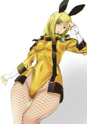 alternate_hairstyle ashiomi_masato blonde_hair blue_eyes breasts bunny_ears bunnysuit fishnets guilty_gear leotard looking_at_viewer looking_down millia_rage navel short_hair skin_tight standing tagme thick_thighs thighs rating:Questionable score:61 user:AbsoluteTerritory