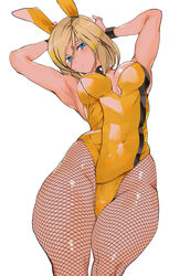 alternate_hairstyle arms_up ashiomi_masato blonde_hair blue_eyes breasts cleavage fishnets guilty_gear large_breasts leotard looking_at_viewer looking_down millia_rage short_hair standing tagme thick_thighs thighs rating:Questionable score:111 user:AbsoluteTerritory