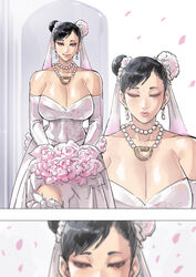 1girl 1girls about_to_kiss big_breasts capcom chun-li cirenk closed_eyes clothed clothing dress earrings flower kiss kissing looking_at_viewer only_female pearl_necklace smile smiling solo solo_female street_fighter wedding wedding_dress rating:Safe score:188 user:mocchop