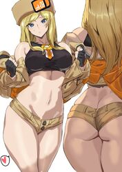 ashiomi_masato ass ass_cleavage blonde_hair blue_eyes butt_crack guilty_gear long_hair looking_at_viewer millia_rage navel short_shorts shorts solo standing sweat tagme thick_thighs thighs rating:Questionable score:238 user:AbsoluteTerritory