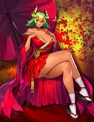 1girls absurdres alternate_costume bangs bare_shoulders blonde_hair blush breasts choker cleavage collarbone commentary crossed_legs curvy dark-skinned_female dark_skin fake_horns female fire_emblem fire_emblem_heroes full_body geta gradient gradient_hair green_hair gurimjang hair_ornament hakama_skirt headgear highres horns japanese_clothes kimono laegjarn_(fire_emblem) laegjarn_(new_year)_(fire_emblem) large_breasts lips looking_at_viewer multicolored_hair nintendo open_mouth panties pantyshot parasol sandals shiny shiny_hair shiny_skin short_green_hair short_hair simple_background sitting smile solo tabi thighs two-tone_hair umbrella underwear undressing upskirt white_legwear white_panties wide_sleeves rating:Questionable score:130 user:kris923