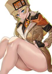 1girls arc_system_works ashiomi_masato blonde_hair blue_eyes coat fingerless_gloves gloves guilty_gear guilty_gear_strive hat looking_at_viewer military_uniform millia_rage pinup simple_background sitting solo very_long_hair white_background rating:Questionable score:179 user:orbitjewel