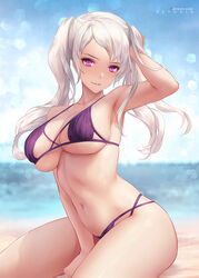 1girls alternate_costume armpits azto_dio bangs bare_shoulders beach bikini blush breasts cleavage collarbone female fire_emblem fire_emblem_awakening grima_(fire_emblem) highres large_breasts long_hair looking_at_viewer navel nintendo purple_bikini purple_eyes purple_swimsuit robin_(fire_emblem) robin_(fire_emblem)_(female) sideboob skindentation solo swimsuit thighs twintails underboob white_hair rating:Safe score:117 user:kris923