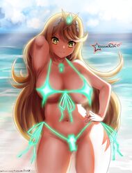 awesomeerix beach bikini blonde_hair golden_eyes mythra xenoblade_(series) xenoblade_chronicles_2 rating:Questionable score:43 user:Flake456