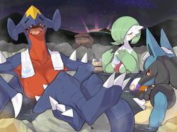 3girls alcohol anthro bath blush breasts closed_eyes cup female female_only garchomp gardevoir in_water kame_3 looking_at_viewer lucario night_sky nintendo nude nude_female onsen open_mouth pokémon_(species) pokemon pokemon_dppt pokemon_rse red_eyes sake sake_cup sharp_teeth steam towel_around_neck towel_on_head towel_on_shoulder very_high_resolution rating:Explicit score:72 user:!nner$elf89