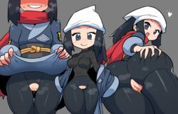 1girls absurd_res akari_(pokemon) ass ass_grab black_hair black_legwear blush blush_stickers breasts butt_crack cameltoe clothing crap-man female female_protagonist grabbing_own_ass green_eyes groping heart hi_res legwear looking_at_viewer looking_back nintendo open_mouth pokemon pokemon_legends:_arceus pussy pussy_cutout red_neckwear red_scarf scarf smile sweat undressing white_headwear rating:Explicit score:204 user:WatchTheLanguage