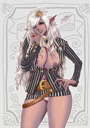 1girls 2017 areola_slip areolae artist_name artist_signature belt belt_buckle bra bra_through_clothes bra_under_breasts bracelet braid braided_hair breasts breasts_out brown_background buckle bursting_breasts business_suit cleavage curvy dark-skinned_female dark_areolae dark_elf dark_skin dress ear_piercing earrings elf erect_nipples eyebrows_visible_through_hair eyelashes eyeliner eyeshadow female female_focus fingernails formal gem gradient gradient_background green_eyes grey_background hair_jewelry hair_ornament hair_over_one_eye hand_on_hip heart heart_earrings highres huge_areolae huge_breasts impossible_clothes jacket jewelry large_areolae lips lipstick long_fingernails long_hair long_sleeves looking_at_viewer loose_belt lots_of_jewelry makeup microskirt minidress miniskirt mole mole_under_eye multiple_earrings multiple_piercings nail_polish naughty_face navel necklace nipples_visible_through_clothing no_shirt open_clothes open_jacket original panties pantyshot parted_lips piercing pink_nails pointy_ears revealing_clothes ring seductive_smile shiny shiny_skin signature silver_hair simple_background skindentation skirt skirt_suit smile solo solo_focus standing striped striped_jacket striped_skirt striped_suit suit tatsunami_youtoku tight tight_dress tight_microdress tight_microskirt tight_minidress tight_miniskirt unbuttoned unbuttoned_shirt underwear upskirt very_long_ears white_bra white_panties year rating:Explicit score:78 user:ron50