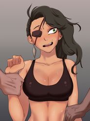 arm_grab brown_hair dark-skinned_female dark-skinned_male dark_skin eyepatch green_eyes gugora imminent_sex interracial league_of_legends nervous rape samira_(league_of_legends) sports_bra sweat rating:Explicit score:191 user:MusaTheGreat