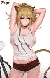 1girls 2020s 2021 animal_ears arknights armpits arms_behind_head arms_up bangs bare_shoulders blonde_hair blush breasts brown_shorts character_name closed_mouth collar collarbone cutoffs dark_nipples denim_shorts female female_only front_view hair_between_eyes jean_shorts large_breasts lion_ears lion_tail long_hair looking_at_viewer nipple_piercing no_bra orange_eyes red_bottomwear rosaline see-through_top shiny_hair shiny_skin short_shorts shorts siege_(arknights) simple_background solo sweat tail tank_top third-party_edit tomboy white_background white_tank_top white_topwear yellow_eyes rating:Questionable score:223 user:hentaicco