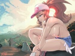 2girls alternate_breast_size areolae blue_eyes breasts brown_hair casual casual_exposure casual_nudity erect_nipples faejunkie female female_only hat hilda_(pokemon) huge_areolae huge_breasts human long_hair minishorts nintendo nipples outdoors pokemon pokemon_bw pokemon_bw2 rosa_(pokemon) shorts thick_thighs thighs tomboy top rating:Questionable score:125 user:Bikuta69