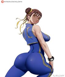 ass back_view big_ass bracelet brown_eyes brown_hair bubble_butt cameltoe capcom chun-li clothing favorite hair_bun hair_ribbon hand_on_knee hell904 hi_res looking_at_viewer looking_back pinup sideboob simple_background sleeveless solo solo_focus street_fighter tight_clothing unitard white_background rating:Questionable score:185 user:orbitjewel