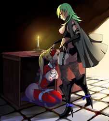 2girls alternate_hairstyle alternate_version_available arms_behind_back ass black_panties blindfold bondage boots breasts breasts_out byleth_(fire_emblem) byleth_(fire_emblem)_(female) candle cape cunnilingus dominatrix edelgard_von_hresvelg eudetenis female_protagonist femdom femsub fire fire_emblem fire_emblem:_three_houses green_eyes green_hair hand_on_head high_heels kneeling leggings long_hair looking_down medium_breasts nintendo nipples open_mouth panties post-timeskip sex side_ponytail slave smile table thighhighs tongue tongue_out under_the_table white_panties yuri rating:Explicit score:254 user:kris923