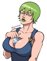 2021 artist_name breasts clothing female female_only foo_fighters green_hair jojo's_bizarre_adventure large_breasts luckyshazo object_between_breasts stone_ocean rating:Questionable score:65 user:NoSeQueHago