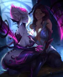 2girls absurdres araneesama ass big_ass big_breasts breasts evelynn female kai'sa league_of_legends long_hair purple_hair short_hair succubus white_hair rating:Explicit score:94 user:N33dForBr33d