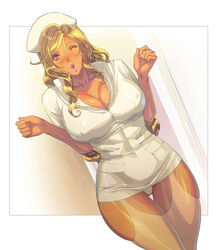 1girls arms_up blonde_hair blush breasts cleavage close-up collarbone collared_dress covered_erect_nipples curvaceous curvy curvy_body dress female female_only fingernails hat hi_res homare_(fool's_art) hourglass_figure huge_breasts impossible_clothes lipstick long_hair looking_at_viewer makeup microdress minidress nail_polish nurse nurse_cap nurse_outfit nurse_uniform one_eye_closed open_mouth original panties pantyshot parted_lips pink_lips pink_lipstick pink_nails plain_background red_eyes revealing_clothes shiny shiny_hair shiny_skin short_dress short_sleeves solo standing tan tan_skin tanned thick_thighs thigh_gap thighhighs thighs tight_clothing tight_dress underwear uniform unzipped upskirt very_long_hair white_background white_dress white_headwear white_legwear white_panties white_uniform wide_hips wink rating:Explicit score:173 user:ron50