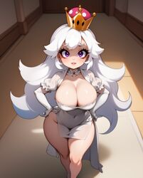 1girls ai_generated boosette breasts cleavage clothed clothing curvy cute dress eyebrows_visible_through_hair female female_only gloves hourglass_figure indoors looking_at_viewer mario_(series) navel_visible_through_clothes new_super_mario_bros._u_deluxe nintendo purple_eyes rocksolidart solo solo_female standing sticking_out_tongue thick_thighs tongue tongue_out very_long_hair white_dress white_gloves white_hair wide_hips rating:Questionable score:62 user:Civilized_Worm