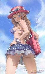 ass back blonde_hair blue_eyes blush bra hand_on_hip hat looking_at_viewer looking_back low-angle_view miniskirt nintendo panties pokemon pokemon_xy serena_(pokemon) serena_(pokemon_games) swimsuit thighs yugen99 rating:Questionable score:218 user:pokebot