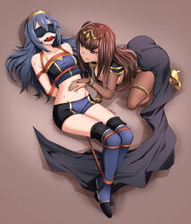 2girls arms_behind_back ass ball_gag bare_midriff bare_thighs bdsm black_eyes black_hair blindfold blue_hair bodystocking bondage bound bound_arms cape cleave_gag clothed dominant_female eudetenis female femdom femsub fire_emblem fire_emblem_awakening gag gagged hair_between_eyes large_breasts long_hair lucina_(fire_emblem) nintendo rope rope_bondage shorts small_breasts smile smirk submissive_female sweat tank_top tharja_(fire_emblem) tiara yuri rating:Questionable score:150 user:kris923