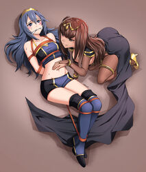 2girls arms_behind_back ass bare_midriff bare_thighs black_eyes black_hair blue_eyes blue_hair blush bodystocking bondage cape cleave_gag cloth_gag eudetenis femdom femsub fire_emblem fire_emblem_awakening gag gagged hair_between_eyes large_breasts long_hair lucina_(fire_emblem) nintendo rope rope_bondage shorts small_breasts smile smirk sweat tank_top tharja_(fire_emblem) tiara yuri rating:Questionable score:155 user:kris923