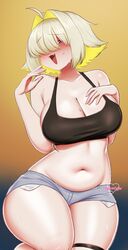 :3 big_breasts black_tank_top blonde_hair blush booty_shorts breasts cleavage cute_fang elegg_(nikke) female female_only goddess_of_victory:_nikke hair_over_one_eye midriff navel pale-skinned_female pale_skin purple_eyes short_shorts shorts shoulder_length_hair sweat sweaty sweaty_body tank_top thick_thighs thigh_strap two_tone_hair rating:Questionable score:91 user:A_Gamecube