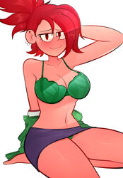 arkeus barefoot black_eyes blush bra breasts cartoon_network cleavage foster's_home_for_imaginary_friends frankie_foster green_panties kneeling large_breasts looking_at_viewer navel panties piercing ponytail red_hair skirt tagme upskirt rating:Questionable score:186 user:AbsoluteTerritory