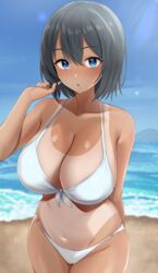 1girls 2021 arm_up armpit_crease bare_legs beach beauty_mark bikini black_hair blue_eyes blue_sky breasts cleavage female female_focus female_only finger_in_hair front-tie_bikini hi_res hips hotate-chan hourglass_figure huge_breasts looking_at_viewer mole_under_mouth open_mouth original original_character outdoors sand short_hair skindentation slim_waist standing swimsuit tan tan-skinned_female tanline tanlines tanned_skin thick_thighs thighs water white_bikini wide_hips rating:Questionable score:93 user:Cero_Oscuras