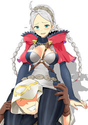 1boy 1girls absurdres ahoge blue_eyes braid commission female fire_emblem fire_emblem_fates fire_emblem_heroes gloves grey_hair hairband hand_on_thighs head_between_thighs highres igni_tion kiran_(fire_emblem) kiran_(fire_emblem)_(male) nina_(fire_emblem) nintendo open_mouth scissorhold thighs twintails rating:Explicit score:24 user:kris923