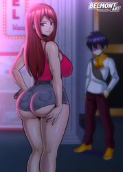 1boy 1girls ass belmont big_breasts booty_shorts breasts brown_eyes bubble_butt erza_scarlet fairy_tail female hand_on_butt large_ass long_hair long_legs looking_back male pale-skinned_female pale_skin pink_topwear purple_hair red_hair red_nails romeo_conbolt scarf sideboob spankable_ass sunglasses white_shirt yellow_scarf yellow_shoes rating:Questionable score:102 user:A_Gamecube