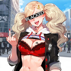 1girls ai_generated ann_takamaki atlus big_breasts blacked blonde_hair blue_eyes breast_tattoo breasts censored_eyes cringe female floox large_breasts light-skinned_female long_hair megami_tensei middle_finger persona persona_5 queen_of_spades tattoo_on_breast tattoo_on_chest thiccwithaq_(ai_style) thick_thighs twintails rating:Explicit score:137 user:LiangXI