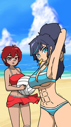 2girls abs armpits arms_behind_head asian ball bandage_on_face bandage_on_nose bandaged_leg beach belly_button big_breasts bikini blue_bikini blue_eyes blush cousins curvy cute dark_blue_hair huge_breasts jun_hyun_soo_(writers_crusaders) kim_han_yi_(writers_crusaders) korean looking_at_viewer miniskirt muscular_female ocean ponytail popsicle red_bikini red_eyes red_hair swimsuit tanned_skin thick_thighs two_tone_hair volleyball wcjuan writers_crusaders rating:Explicit score:8 user:PencilBoy17