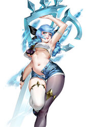 1girls belly_button blue_hair female female_focus female_only gwen_(league_of_legends) hua_zhong_yu panties scissors shorts thighhighs underboob rating:Questionable score:60 user:mydickhurtaf