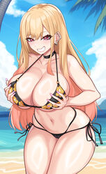 1girls beach bikini blonde_hair breasts ear_piercing female fit_female grin gyaru hourglass_figure huge_breasts kitagawa_marin kneeling light-skinned_female long_hair nez-box red_eyes slim_waist sono_bisque_doll_wa_koi_wo_suru thick_thighs wide_hips rating:Questionable score:105 user:LiangXI