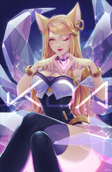 1girls a0k0 ahri blonde_hair clothed clothing crossed_legs earrings female female_focus female_only fox fox_ears fully_clothed heart kitsune league_of_legends looking_at_viewer multiple_tails sitting tails thighhighs wink rating:Questionable score:13 user:mydickhurtaf