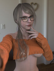 1girls 3d ashley_graham ashley_graham_(ella_freya) blonde_hair capcom female female_only glasses long_hair looking_at_viewer mokujin_hornywood pale-skinned_female pink_nails resident_evil resident_evil_4 resident_evil_4_remake revealing_clothes self_upload selfie solo sweater tagme twintails underboob underboob_sweater rating:Questionable score:42 user:mokujin_hornywood