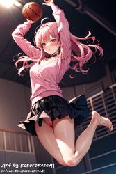  1girls ai_generated arms_up barefeet barefoot basketball basketball_court black_skirt blush choker female female female_only indoors jumping kokorokaze light-skinned_female light_skin long long_hair looking_at_viewer low-angle_view no_panties no_underwear open_mouth patreon patreon_username pink_eyes pink_hair pink_sweater pussy shaved_pussy skirt small_breasts sweater upskirt visible_pussy watermark  rating:explicit score: user:kokorokaze