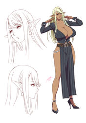 1girls 2021 alternate_costume aqua_eyes arms_up artist_name artist_signature belt belt_buckle black_belt black_footwear black_high_heels blonde_eyebrows blonde_hair breasts buckle bursting_breasts cleavage collarbone contrapposto covered_erect_nipples curvy dark-skinned_female dark_elf dark_skin ear earrings elf erect_nipples erect_nipples_under_clothes eyebrows eyebrows_behind_hair eyebrows_visible_through_hair female female_focus full_body hair_lift hair_over_breasts high_heels highres hourglass huge_breasts huge_nipples impossible_clothes jewelry legs lips lipstick long_ears long_hair long_legs long_pointy_ears long_sleeves looking_at_viewer makeup mascara monochrome multiple_views nipples nipples_visible_through_clothing no_bra no_panties original parted_lips pelvic_curtain pointy_ears puffy_nipples red_lips red_lipstick revealing_clothes shiny shiny_lips shiny_skin shirt side_slit signature simple_background sketch sleeves_rolled_up solo standing striped striped_shirt tatsunami_youtoku very_long_hair white_background white_stripes year rating:Explicit score:126 user:ron50